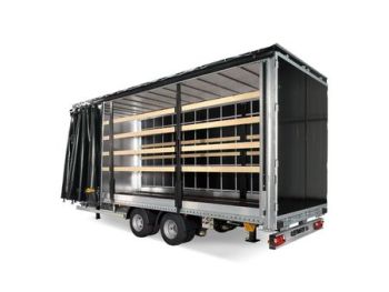 Tandemachs-Planenanhänger/Curtainsider mit seitlich aufschiebbarer Plane, Innenregalen und Zurrschienen – ideal für Volumentransporte, Möbel und palettierte Ware.