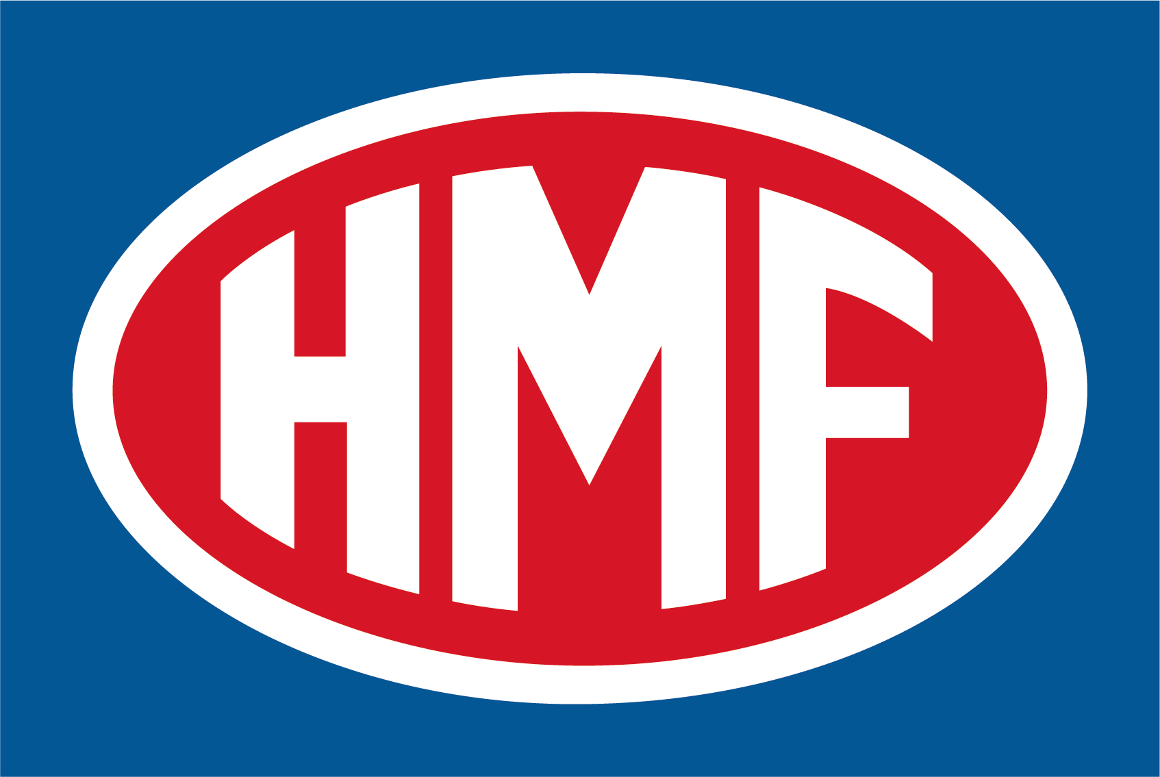 HMF Markenlogo – rot-weißes ovales Emblem im blauen Rechteck; offizielles Logo des Kran-Herstellers HMF (Lkw-/Ladekrane).